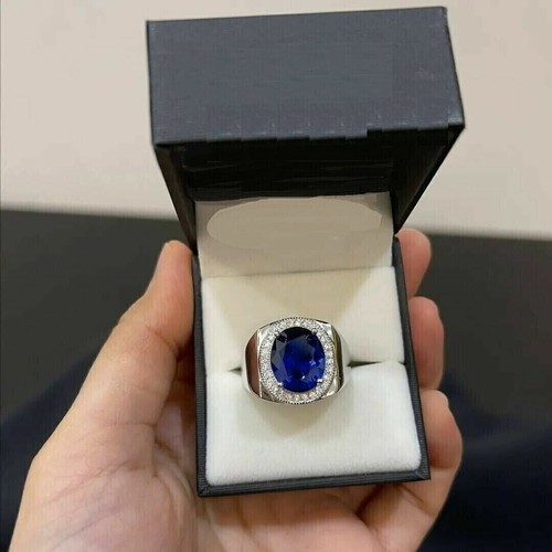 3.30Ct Oval Cut Lab Created Blue Sapphire Halo Men's Ring 14K White Gold Finish - Picture 2 of 5