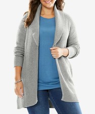 Woman Within Plus Size Heather Grey Shawl Collar Long Sleeve Cardigan Sz L-18/20
