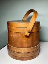 Antique Primitive 10" Wooden Firkin old Sugar Bucket 3 Finger Bands vintage