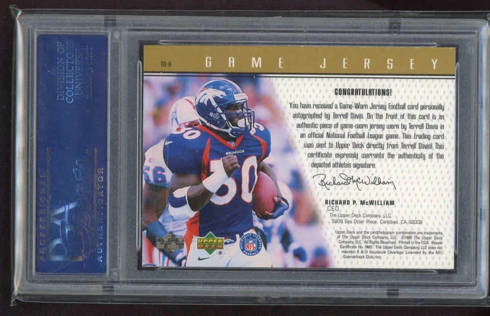 1999 Upper Deck Game Jersey Auto Terrell Davis /30 PSA 8 (POP 2 ) HIGHEST - Image 2 of 2