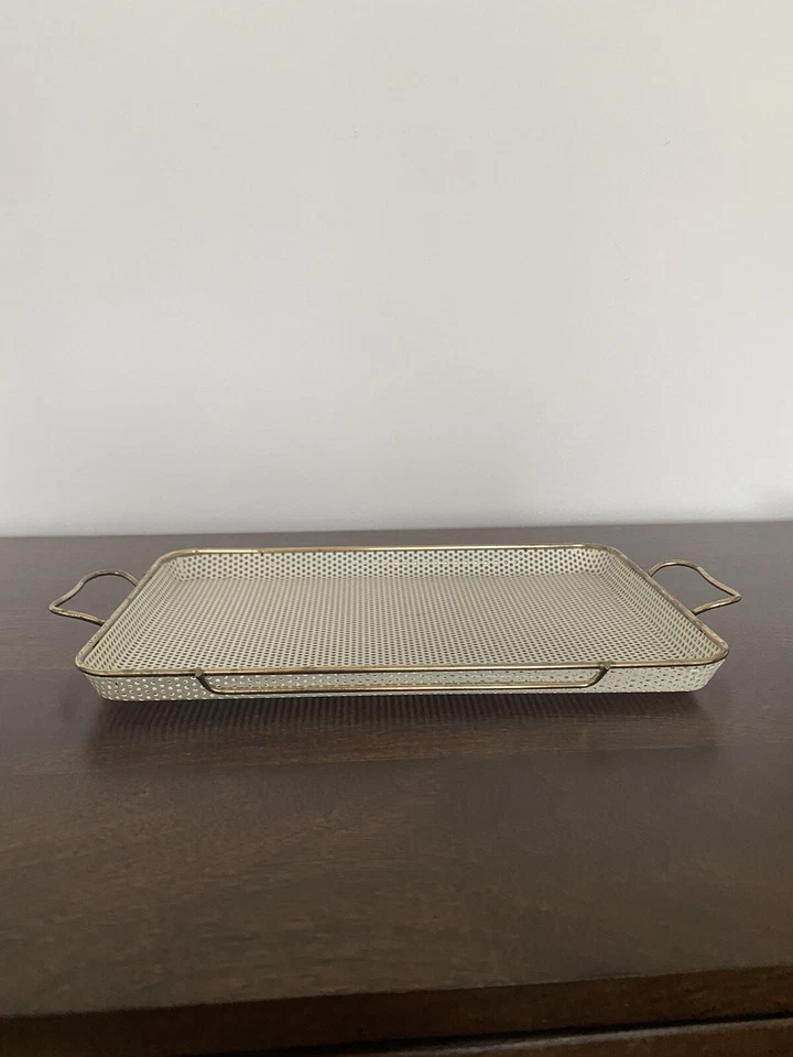 Perforiertes Tablett Mathieu Mategot Style Vintage Design weiß gold Schlaufen - Bild 3 von 4