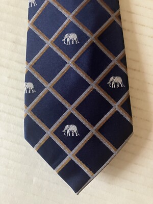 De Amanda Hand Made Men's Necktie Tie Silk Navy Blue Gray Brown Plaid Elephant