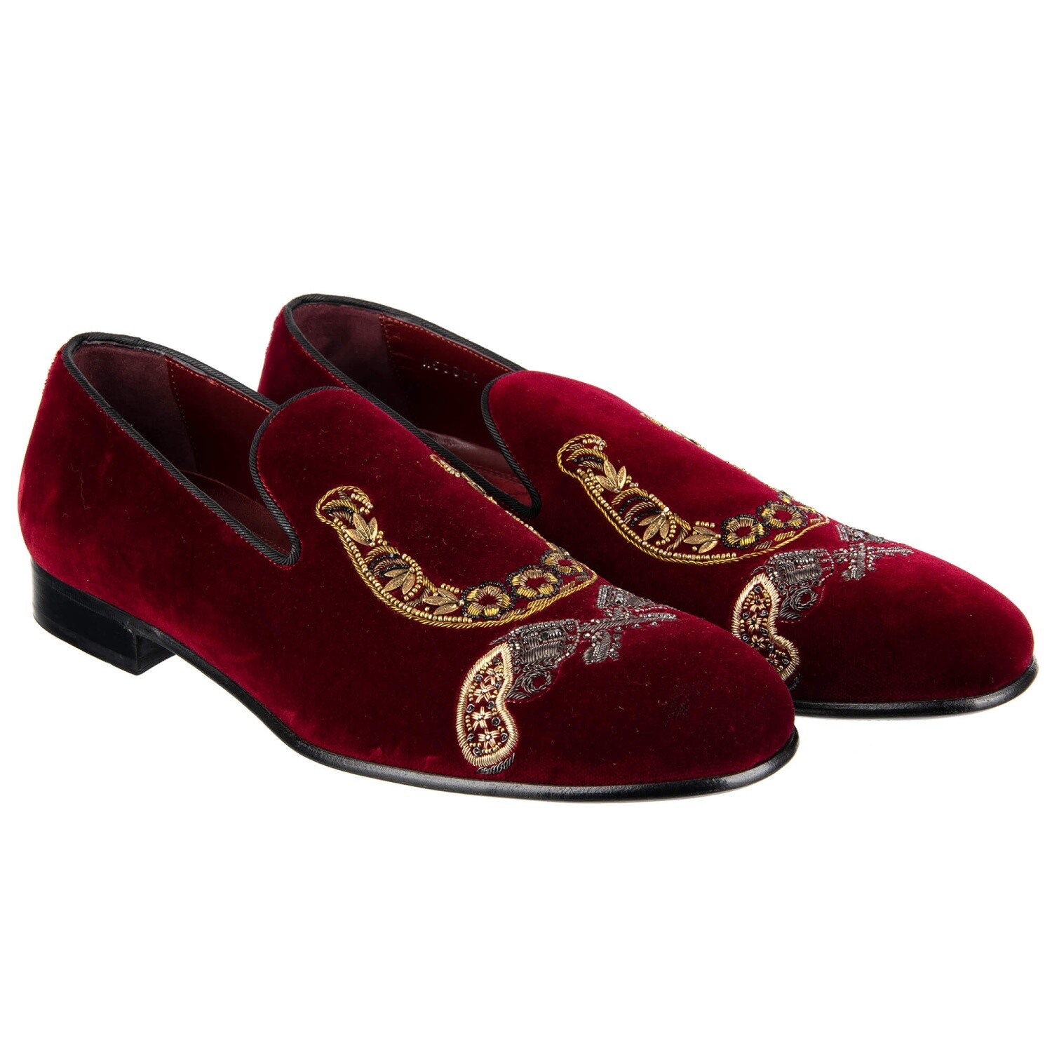 DOLCE & GABBANA Pistol Horseshoe Embroidery Velvet Loafer Shoes MILANO Red 08607