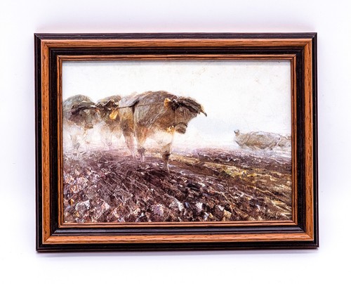 Heinrich von Zügel Art Print “Heavy Work” in Antique Wooden Frame 14 x 17 cm