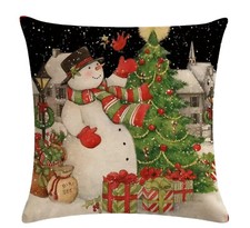 Vintage SNOWMAN Village Tree Winter Christmas Throw Pillow Cover Home Decor 18  