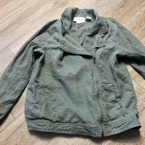 Cynthia Rowley Linen Jacket Womens S Moto Olive Asymmetrical Zip Utility Core - Picture 3 of 9