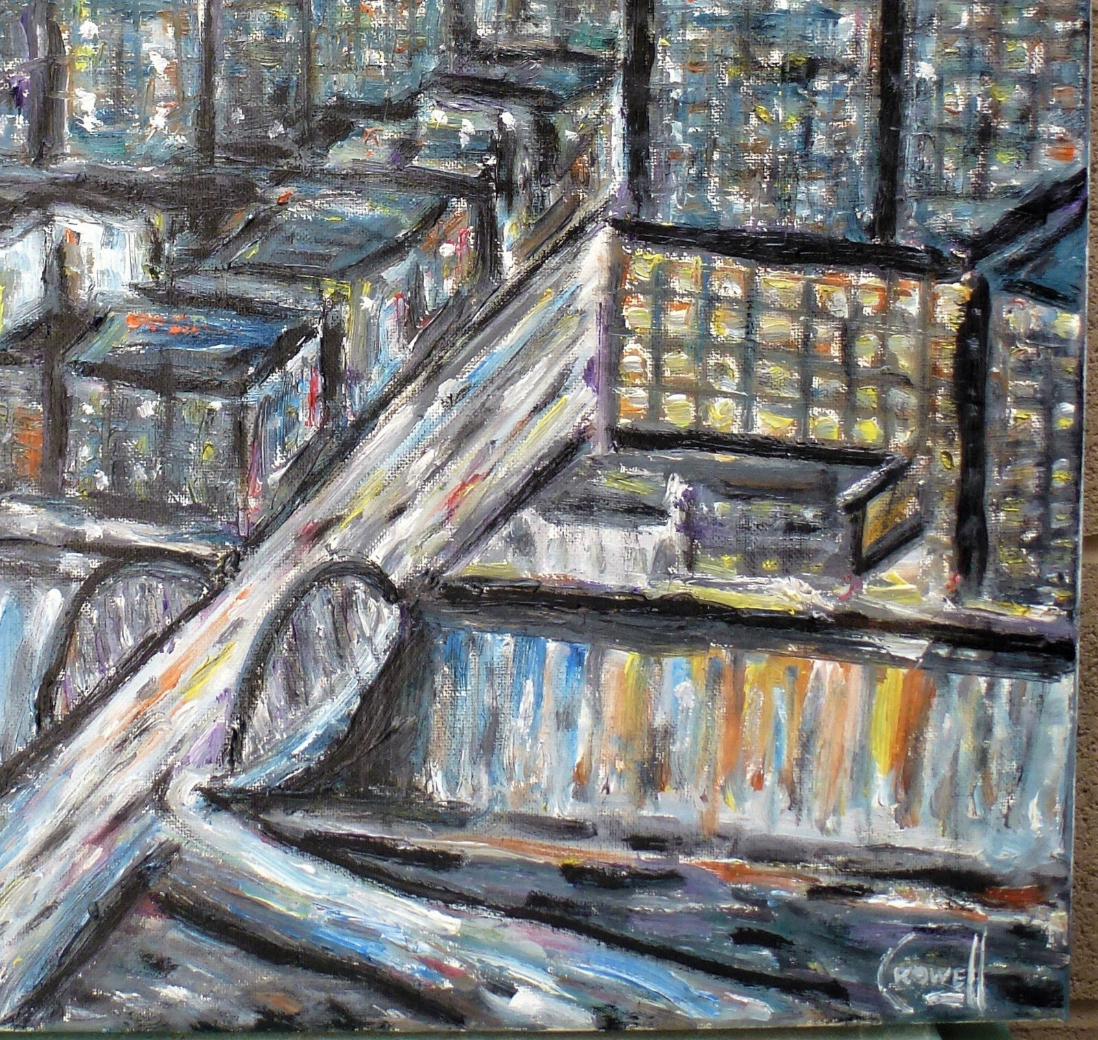 TOKYO NIGHTS 16x20 city lights original small repair oil painting signed Crowell