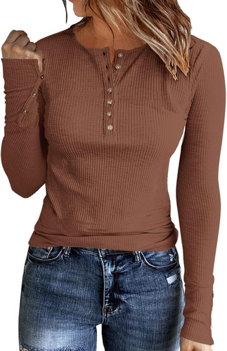 Womens Long Sleeves Ribbed Knit Tunic Shirts Scoop Neck Button down Tops Casual