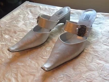 France Mode Silver Leather Mary Jane Mules EU 40 / US 10B / UK 7 Made in France