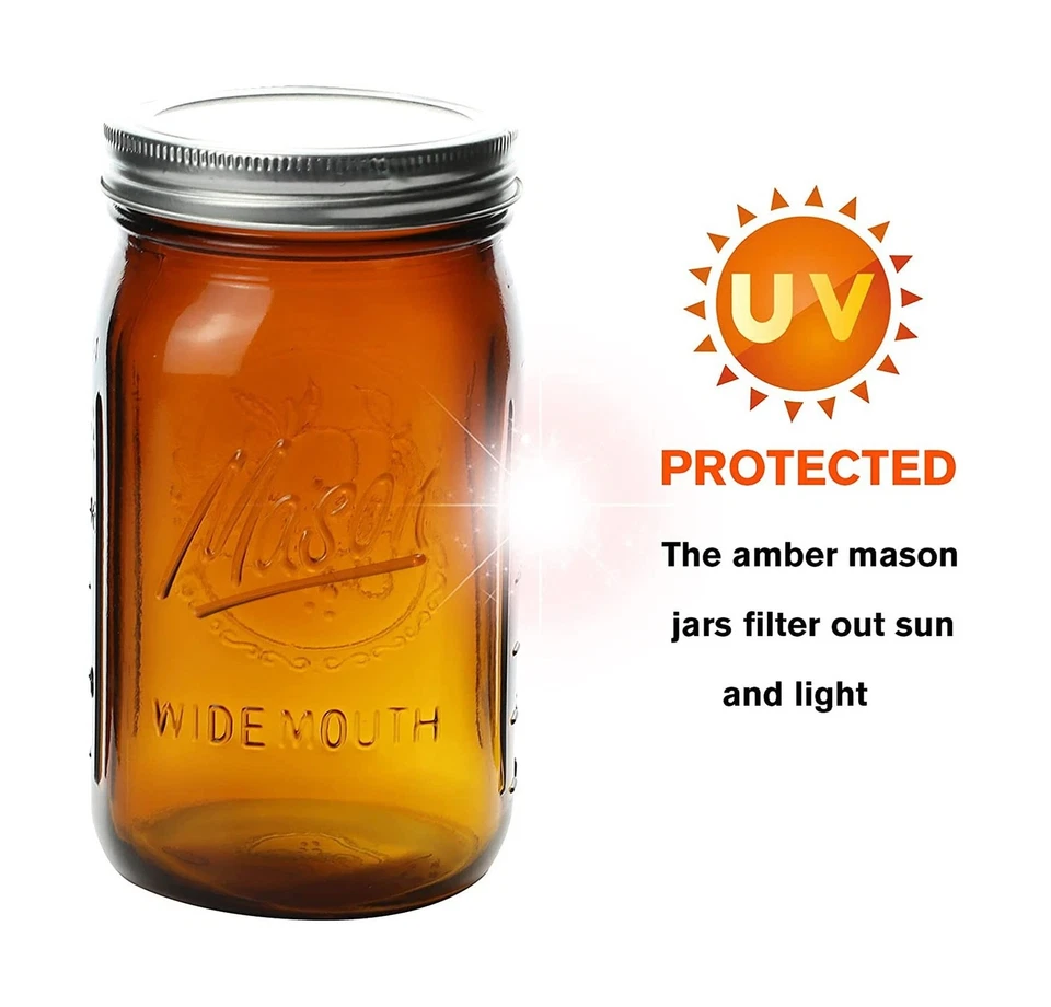 Frascos de albañil de vidrio ámbar de boca ancha de 32 oz (paquete de 6) - sin BPA, aire... envío rápido Foto 3 de 4