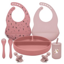 LITTLE RAWR Silicone Baby Feeding Set - Spoons, Suction Bowl, Bib - Baby Led Wea