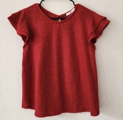 Ces Femme Top Womens Medium Boutique Red Cap Sleeve Gold Sparkles Glitter
