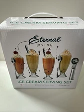Eternal Living Ice Cream Serving Set, 4 Glass Cups with Scoop & Spoons, New