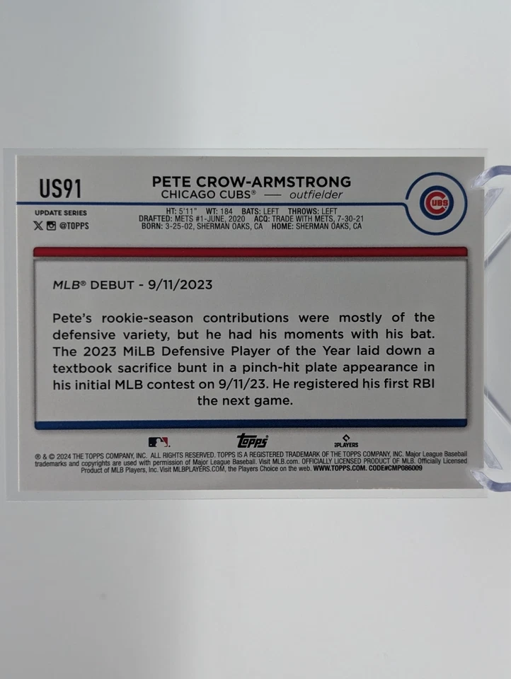 2024 Topps Update Series PETE CROW-ARMSTRONG #US91 Rookie Debut RC - Image 2 of 2