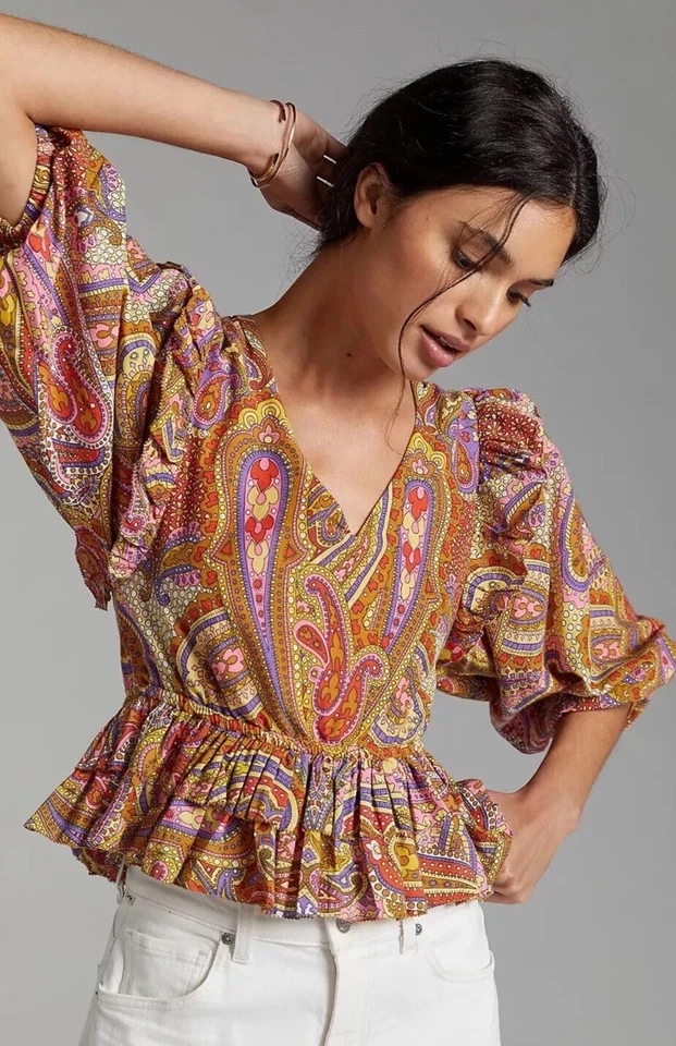 Top boho cottagecore con estampado de cachemira y estampado de cachemira de Broadway 38 de Anthropologie Talla M Foto 3 de 4