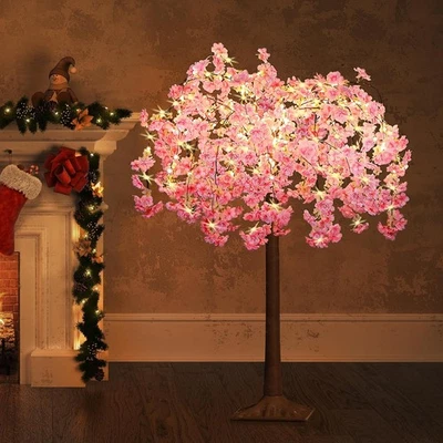 4FT Lighted Cherry Blossom Tree LED Artificial Tree w/Pink Flower for Home Decor