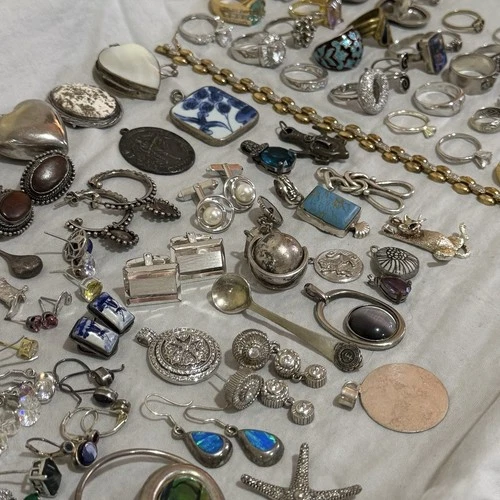 486 Grams 925 Sterling Mixed Jewelry Lot, Antique + Vintage Estate Items + Scrap