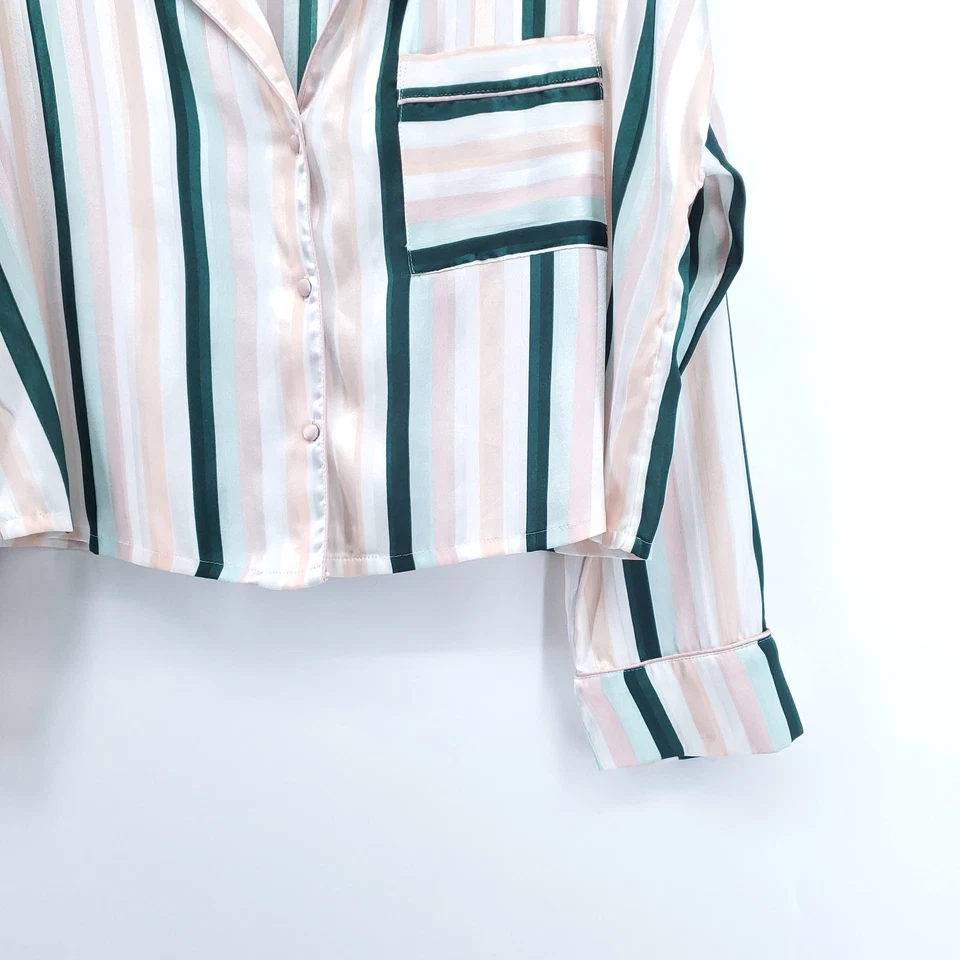 TopShop Mujeres Recortado Satén Verde Rosa Rayas Cuello Bolsillo en el Pecho | S Foto 3 de 4