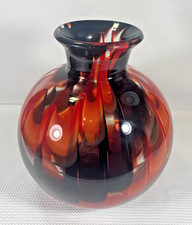 Large Art Glass Vase Amber Black Swirl Hand Blown Style 8.5" Tall