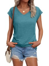 V Neck T Shirts Women Spring Summer Fall Tops Work Casual Blouses Bluegreen XL