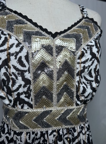Anthropologie Me 2 Magic Maxi Dress XL Flare Boho Sequin Black White Safari - Picture 3 of 14