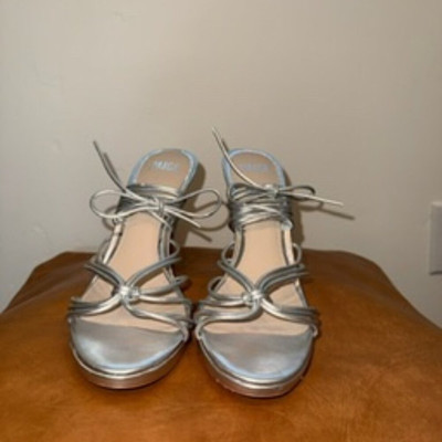 Paige Denim Viola Ankle Tie Strappy Leather High Heel Sandals in Silver Size 9.5
