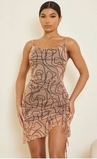 PrettyLittleThing Nude Abstract Line Print Ruched Bodycon Dress Size 8