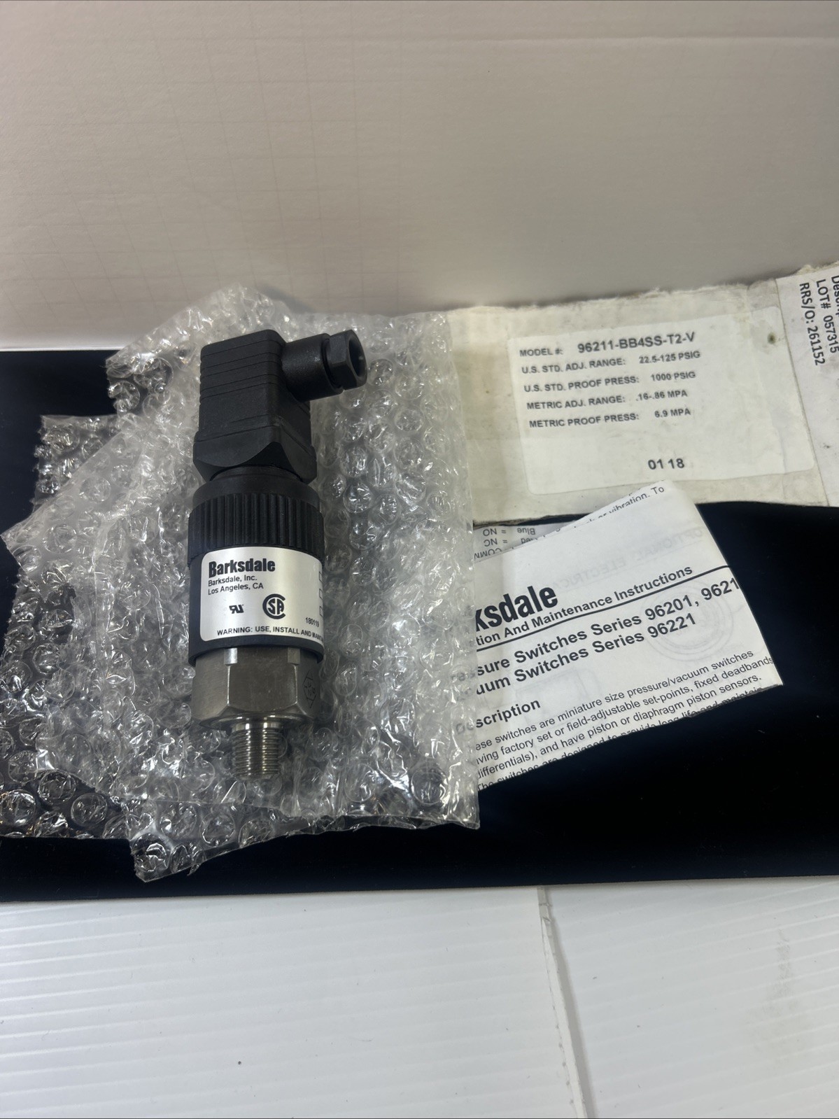 Barksdale Pressure Switch 96211-BB4SS-T2-V 22.5-125 PSIG 1000 PSIG Proof NEW