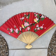 Vintage Hand Painted Asian Paper Fan Red Chinoiserie Floral Birds XL Wall Decor