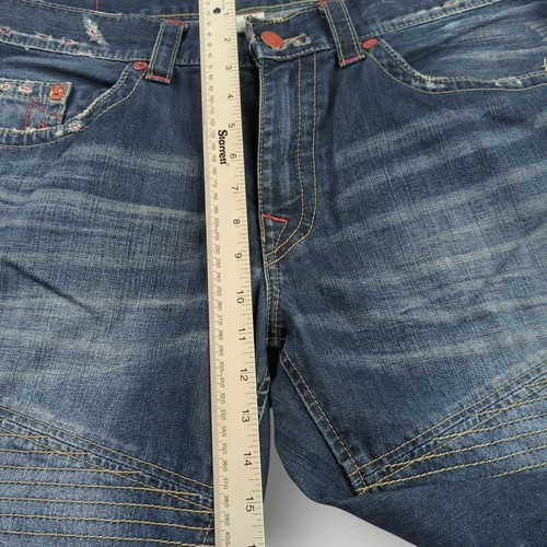 True Religion Men’s 42 World Tour Moto Jeans Distressed Red Rivet Blue Denim - Picture 12 of 16