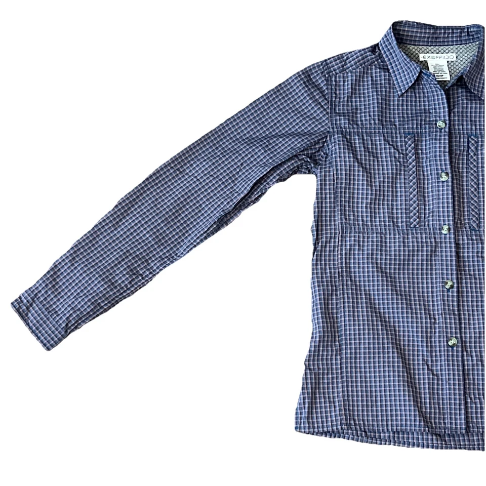 Camisa con botones Exofficio para mujer XS azul rosa a cuadros senderismo camping manga larga Foto 2 de 4