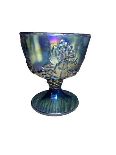 Vintage Carnival Glass Blue Harvest Grape Iridescent Pedestal Bowl/Cup 4” Tall
