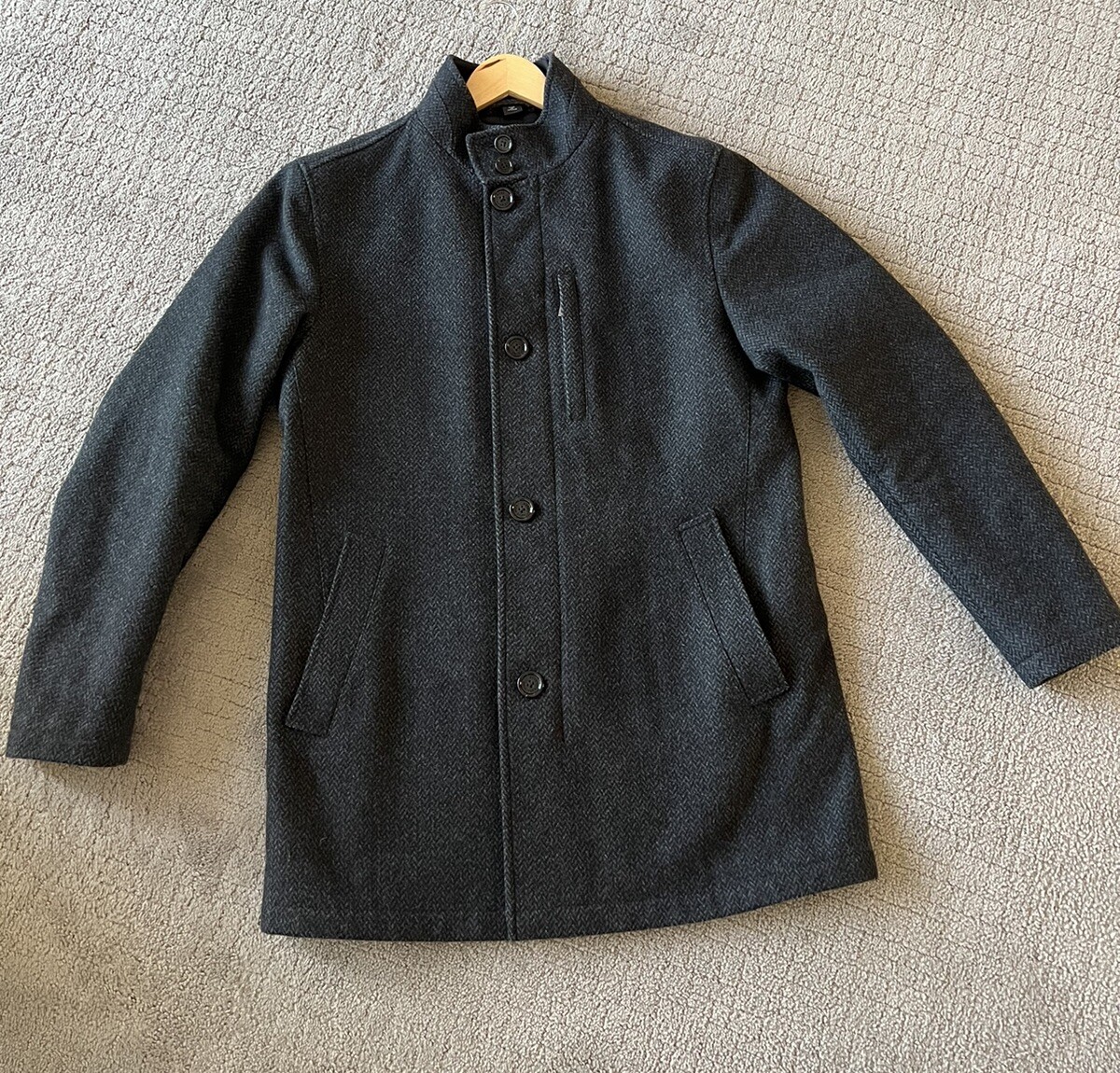 HUGO BOSS Black Label Camron Coat Men US 38R Wool Blend Zip Herringbone