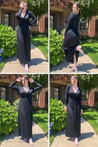 OUGES Women's Black Long Sleeve V-Neck Wrap Waist Maxi Dress - Size: L - Picture 2 of 5