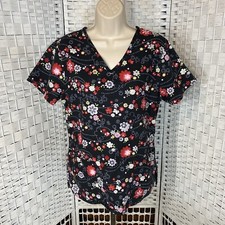 SB Scrubs Women's Sz S V Neck Black Floral Medical Dental Nurse Vet Scrub Top