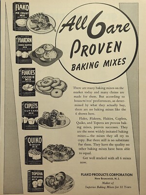 Flako Baking Mixes Flakorn Flakies Quiko Topova Cuplets Vintage Print Ad 1953