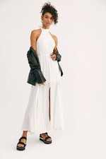 NWT FREE PEOPLE SzXS CRINKLY HALTER SLITS DETAIL MAXI DRESS WHITE