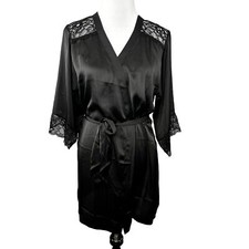 H M Robe Black Satin Lace size XS S Tie Waist Kimono Loungewear