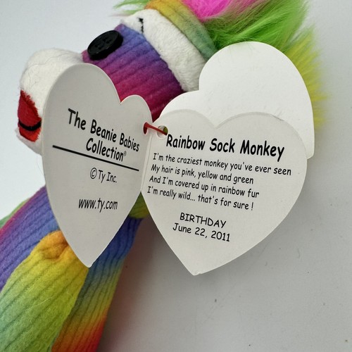 Ty Beanie Baby Rainbow Sock Monkey w Tag Attached - Picture 7 of 8