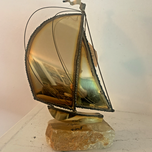 Don DeMott Brass Sailboat Sculpture Signed Stone Onyx Base Metal Vintage Boat