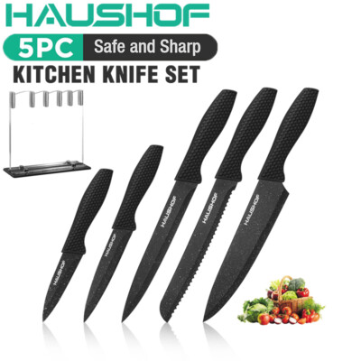 HAUSHOF 5PIECE Kitchen Knife Set Black Knife Sets Block Premium Steel Knives Set
