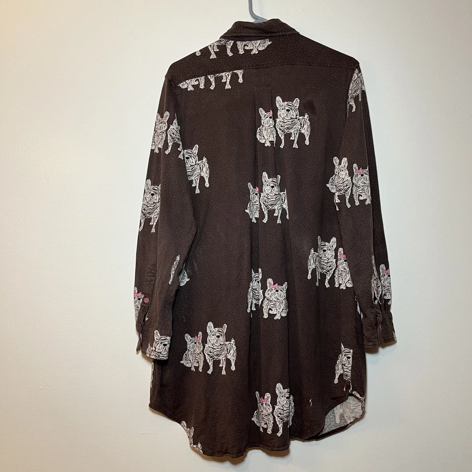 Tono Mujer Pijama Abotonado Camisa Dormir Bulldog Francés Talla M Marrón Rosa Algodón Foto 3 de 4