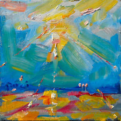 Original Oil Painting FLASHING LIGHTS 4x4'' - sun light orbs ufo sky spirit rays