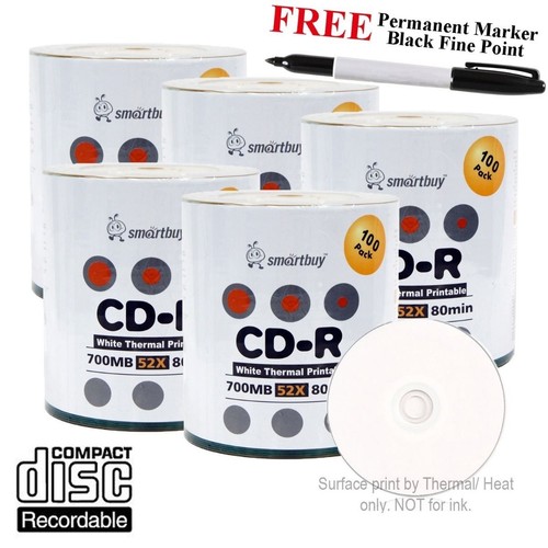 500 Smartbuy CD-R 52X White Thermal Hub Printable Disc + Black Permanent Marker - Bild 1 von 4
