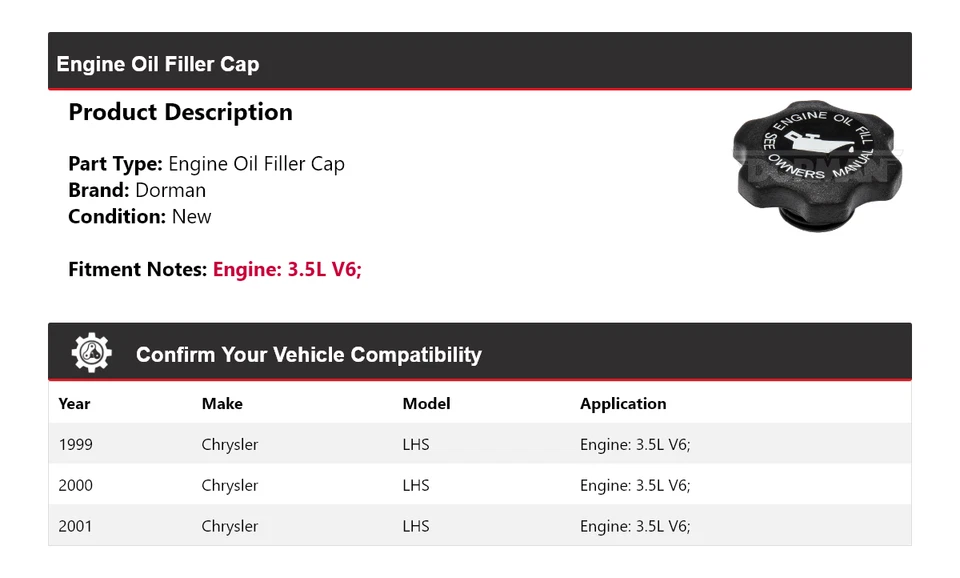 Tapa de llenado de aceite de motor Dorman V6 3,5 L Chrysler LHS 1999-2001 2000 Foto 2 de 4