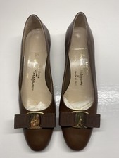 Vintage Salvatore Ferragamo LILLAZ Brown Leather Bow Pumps Womens 7-1/2 AA