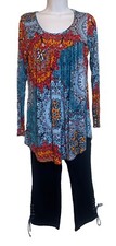 Small 2 Piece Outfit/Longyuan Geometric Tunic Top Multicolor/Skinny Capris Blue