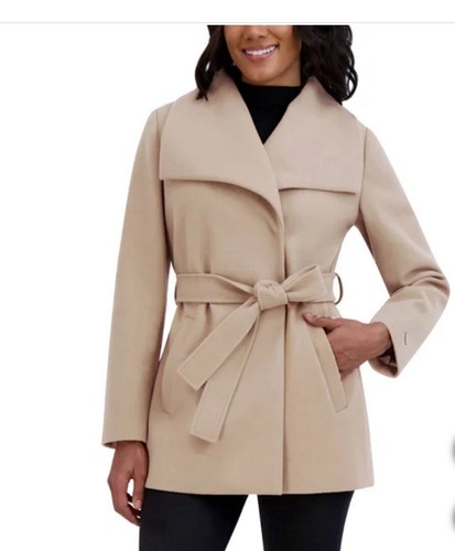 Tahari Damen Mantel Wickeloptik Kunstwolle wasserabweisend Bindegürtel - Creme, Größe M - Bild 1 von 3
