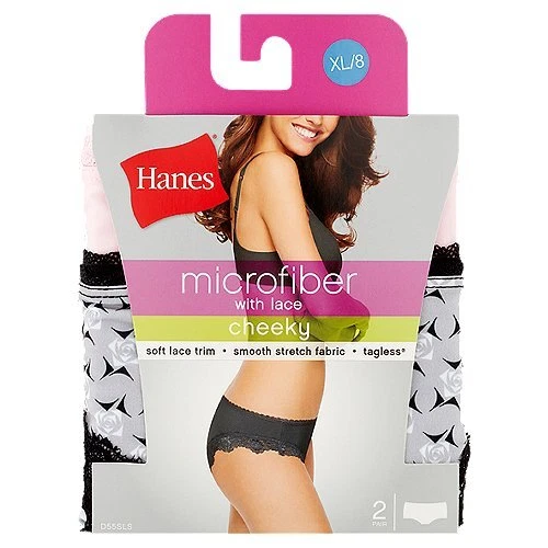 Hanes Women's 2 Pack Cheeky Microfiber Panties With Lace, Sizes 5/S to 9/2XL