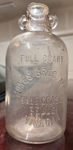 RARE SELDOM SEEN VINTAGE JONES BROS & CO BLUE GRASS BELLE VINEGAR JUG FULL QUART